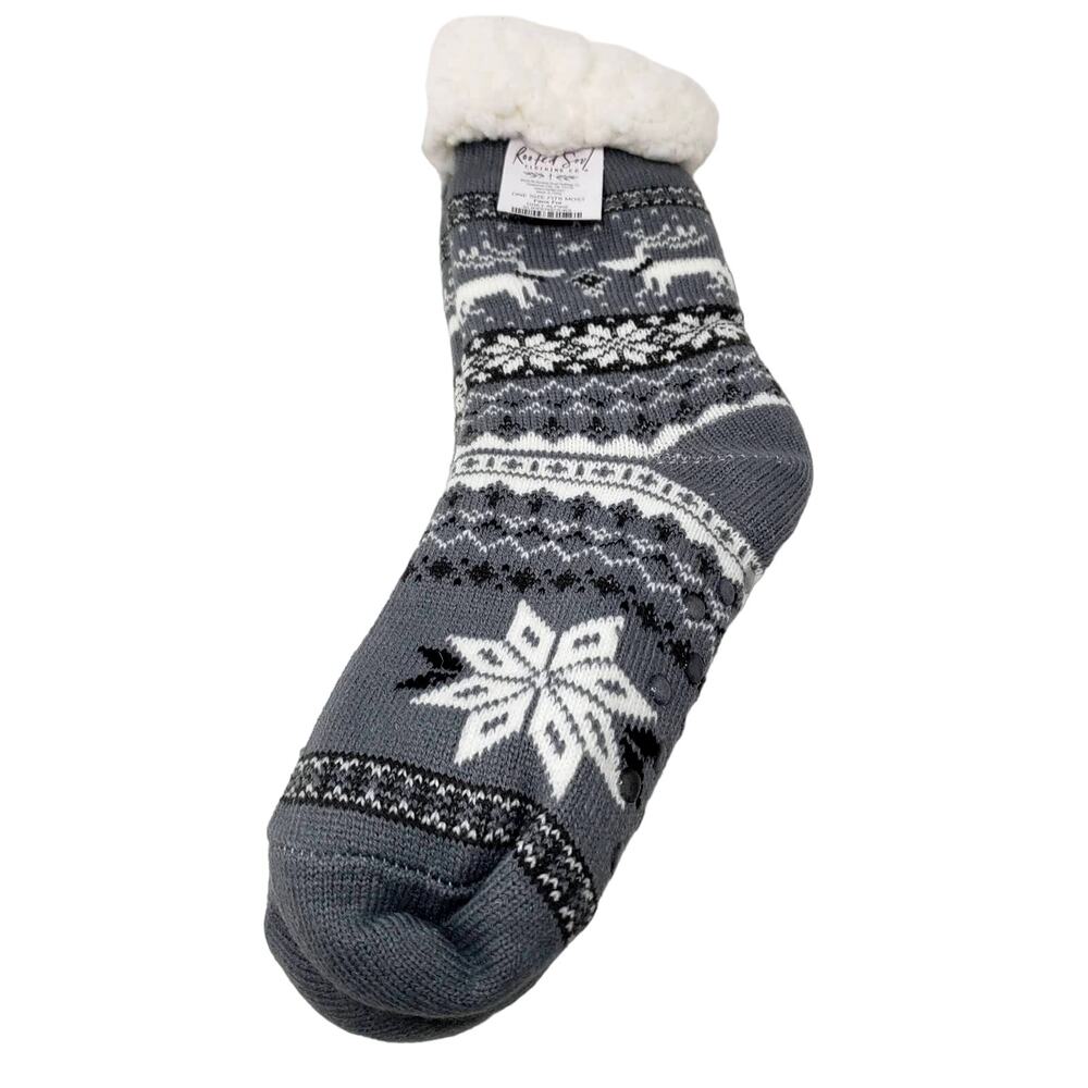 NEW! Rooted Soul Clothing Co Slipper Socks Grey Alpine Faux Fur OSFA